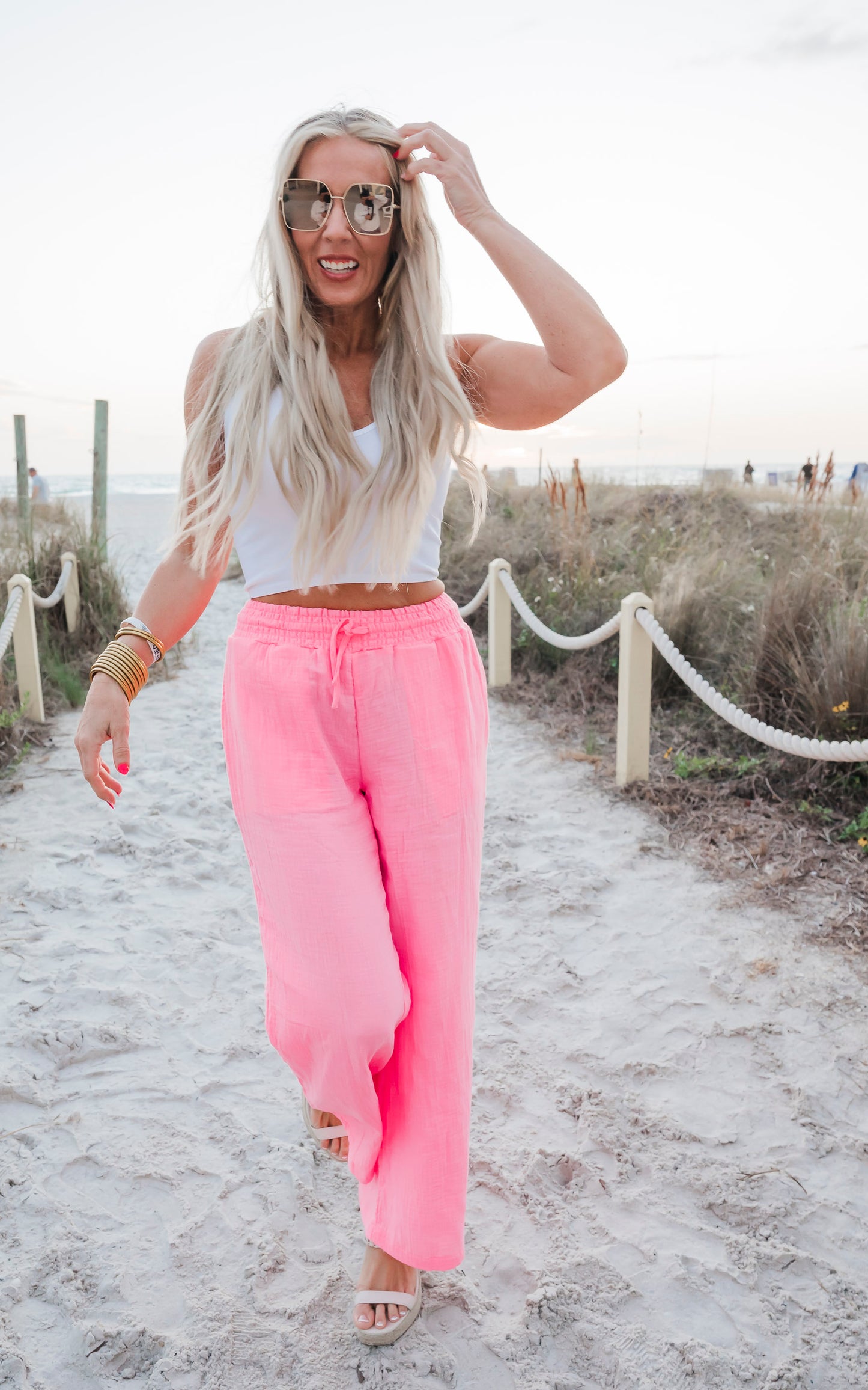 Hot Pink Gauze Wide Leg Pants - Final Sale