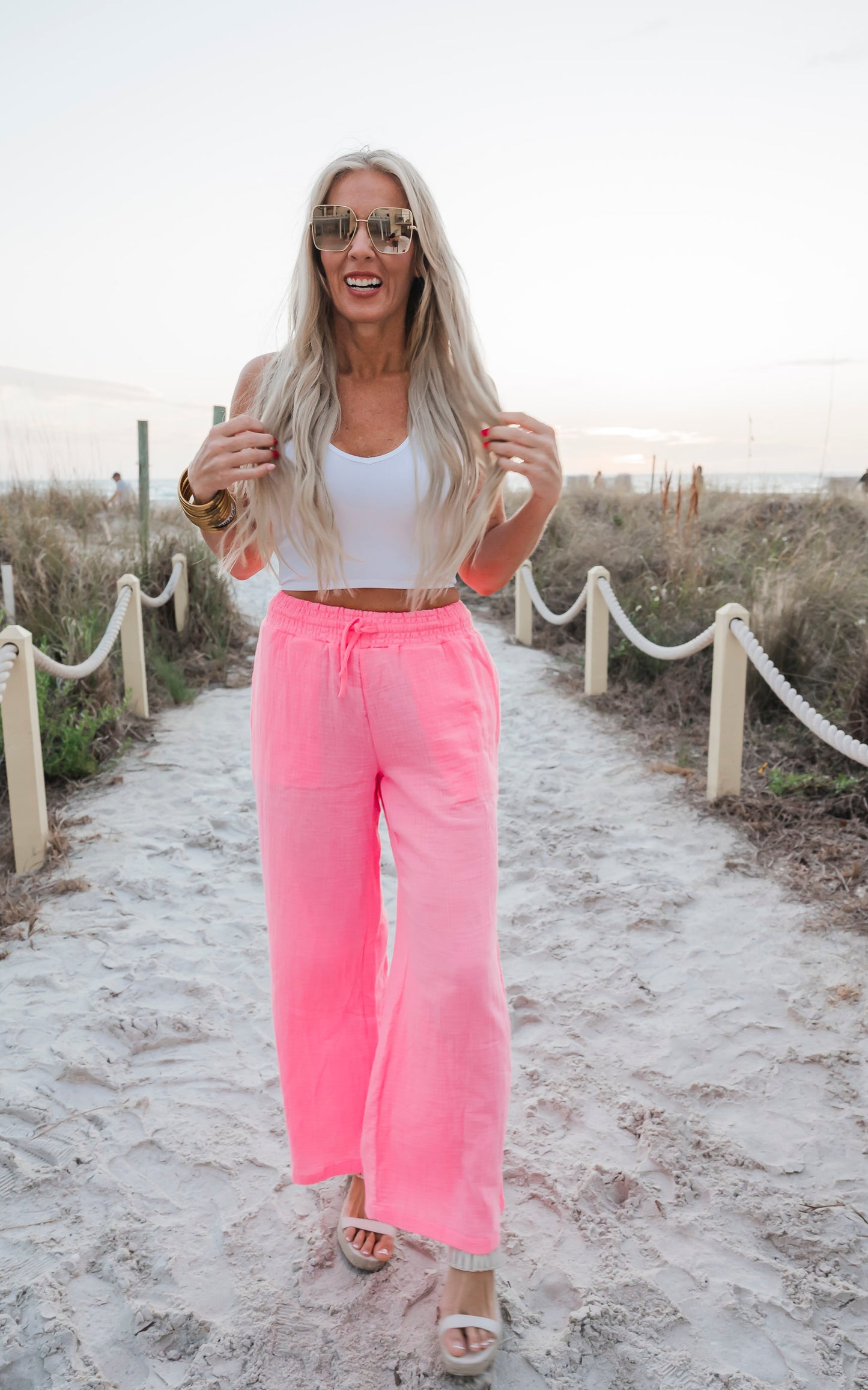 Hot Pink Gauze Wide Leg Pants - Final Sale