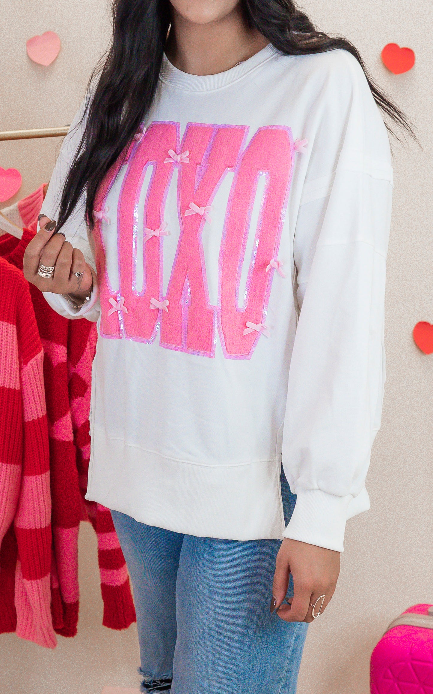 XOXO Sequins & Bows Oversized Sweatshirt - Final Sale