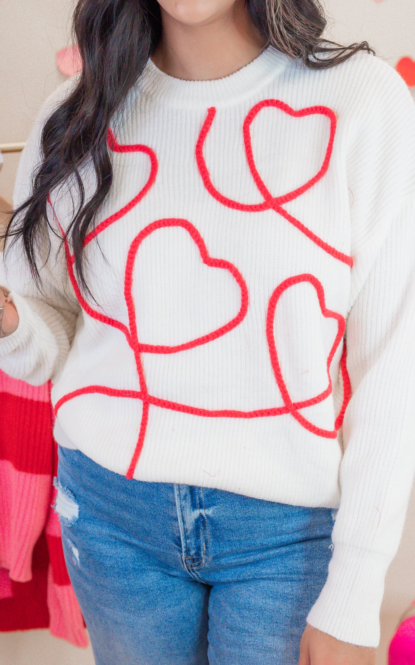 Hearts Thread Embroidery Long Sleeve Sweater - Final Sale