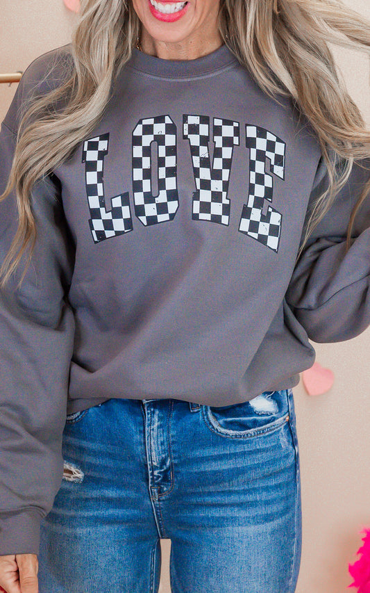 Love Checked Graphic Crewneck Sweatshirt