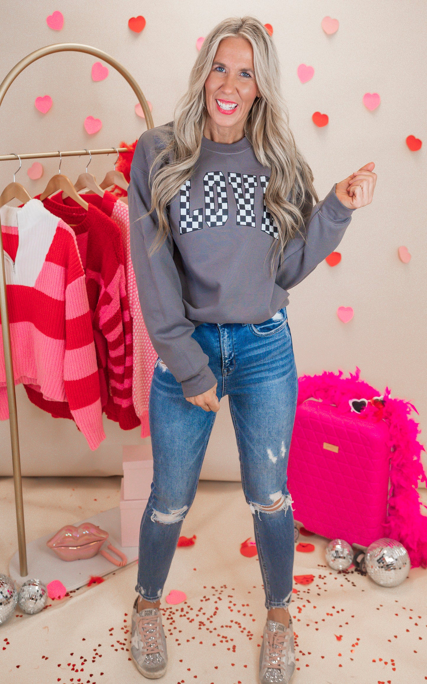 Love Checked Graphic Crewneck Sweatshirt