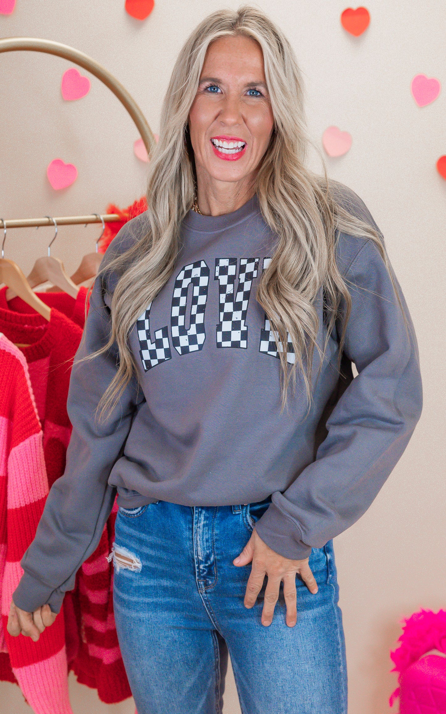 Love Checked Graphic Crewneck Sweatshirt