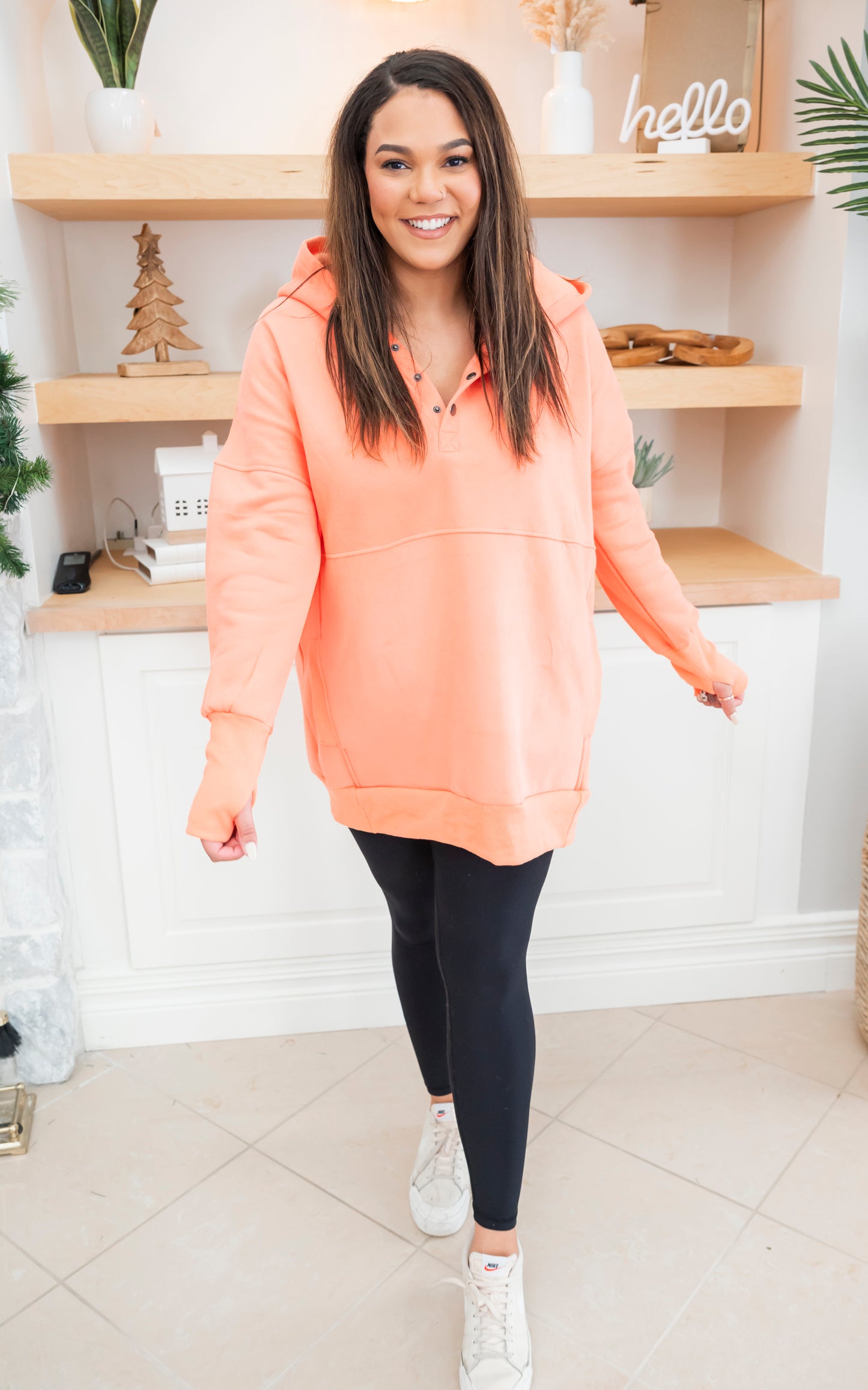 Coral Never Take Off Button Front Tunic Hoodie with Pockets by Salty Wave