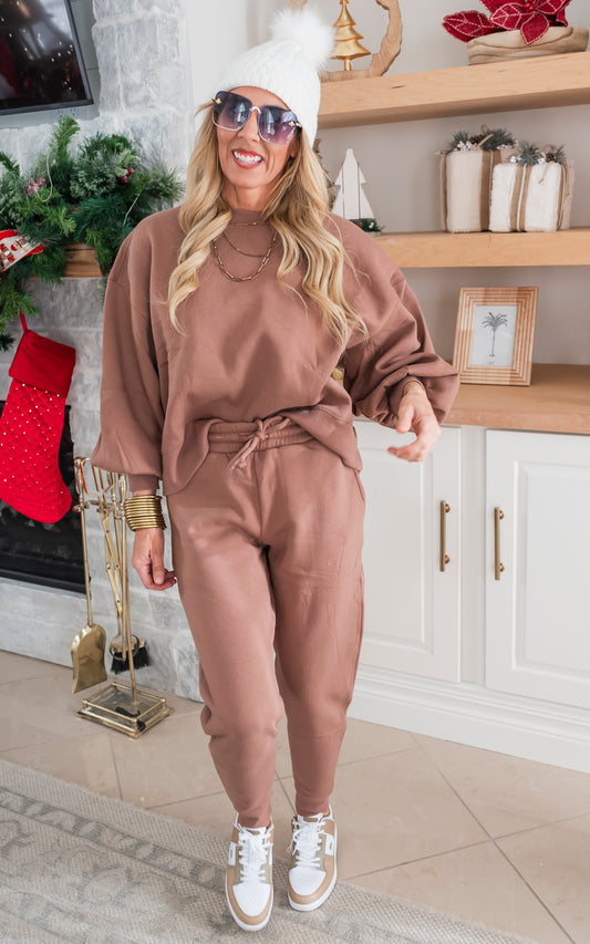 Cocoa Balloon Sleeve Sweatshirt & Sweatpants Outfit Set