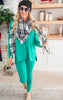 green Long Sleeve V-Neck Microfiber Lounge Set 