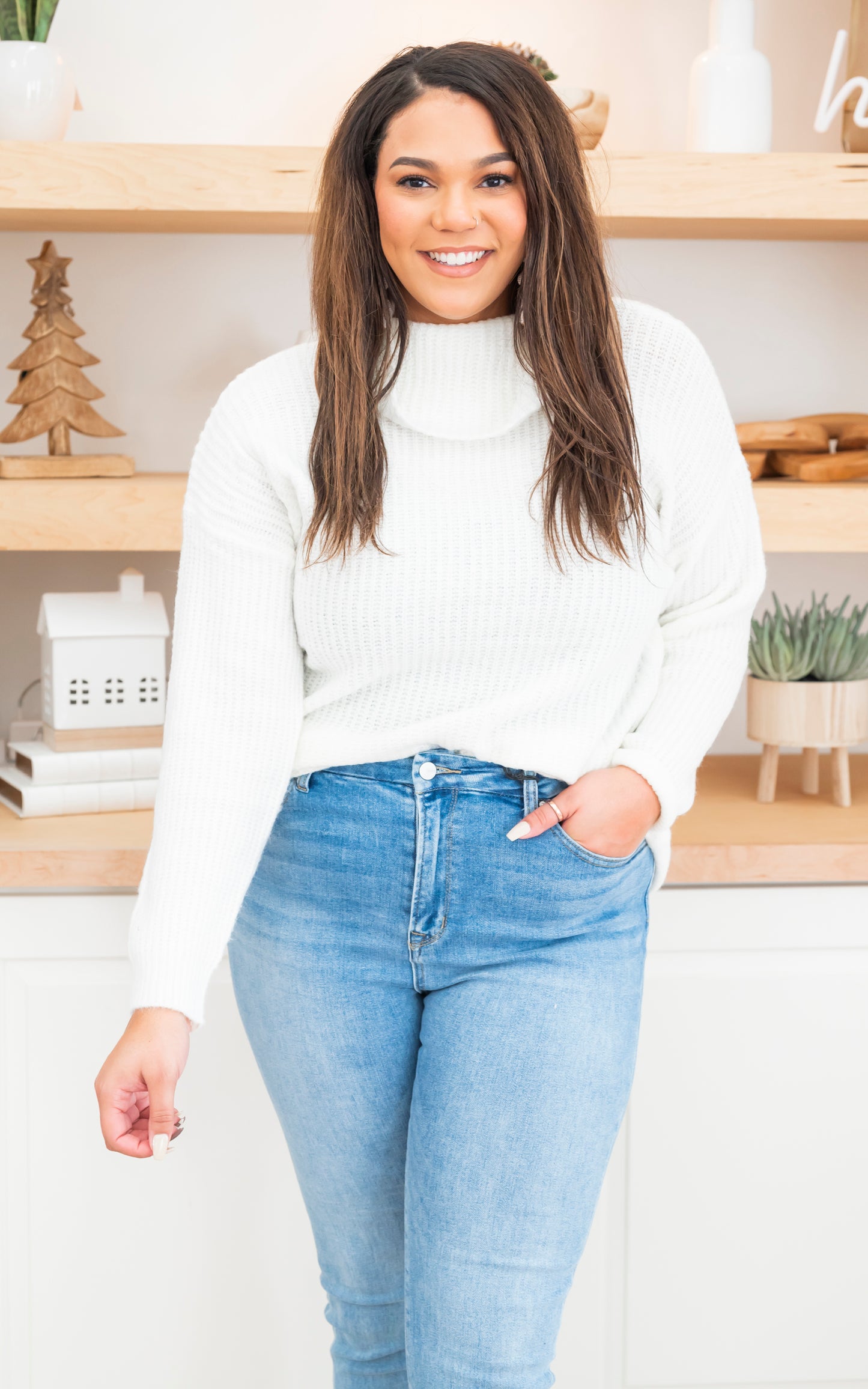 Ivory Back Cutout Ribbed Turtleneck Sweater - Final Sale