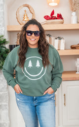 Smiley Face Trees Pigment Dyed Graphic Sweatshirt
