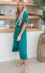 Jewel Green Surplice Faux Wrap Midi Dress