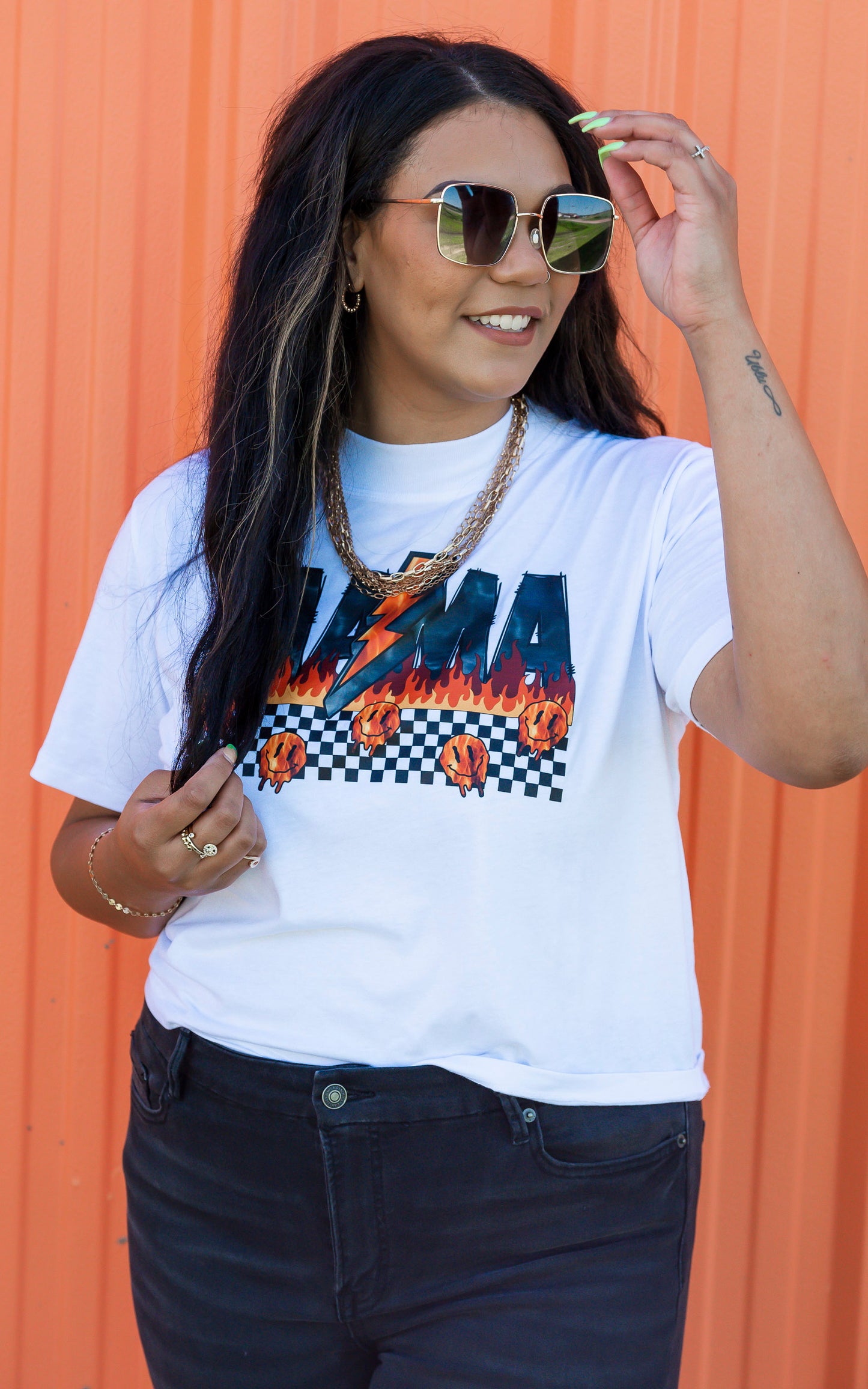 Mama on Fire Check Graphic Crop T-Shirt