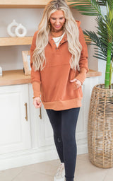 Cognac Never Take Off Button Front Tunic Hoodie with Pockets by Salty Wave 