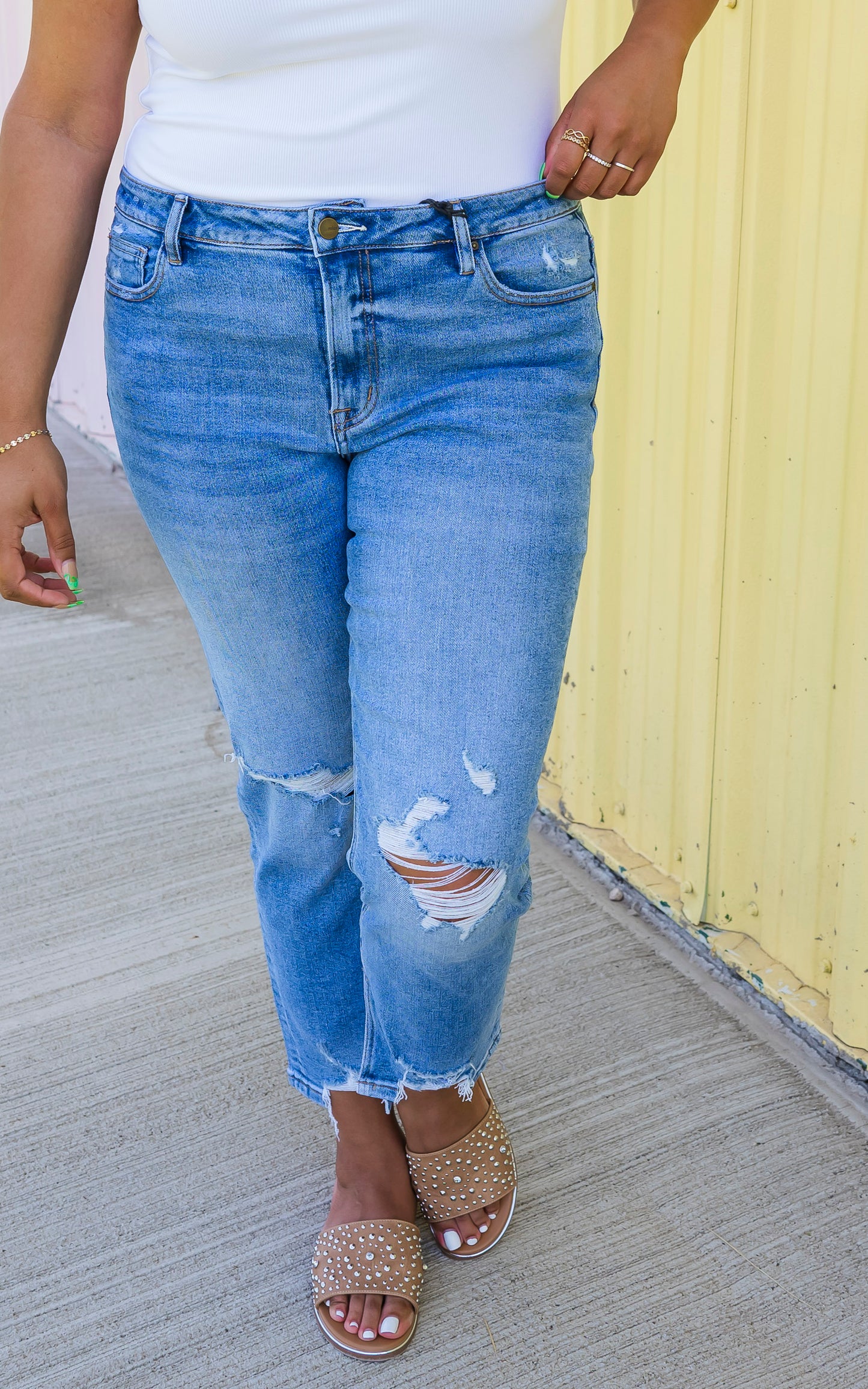 MICA | The Regina High Rise Ankle Straight w/ Side Slit Denim Jeans