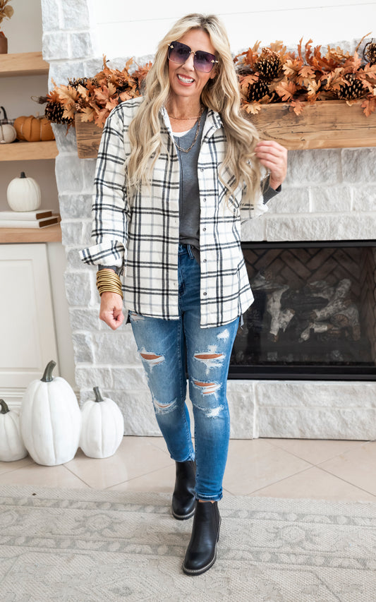 Ivory plaid fleece shacket 