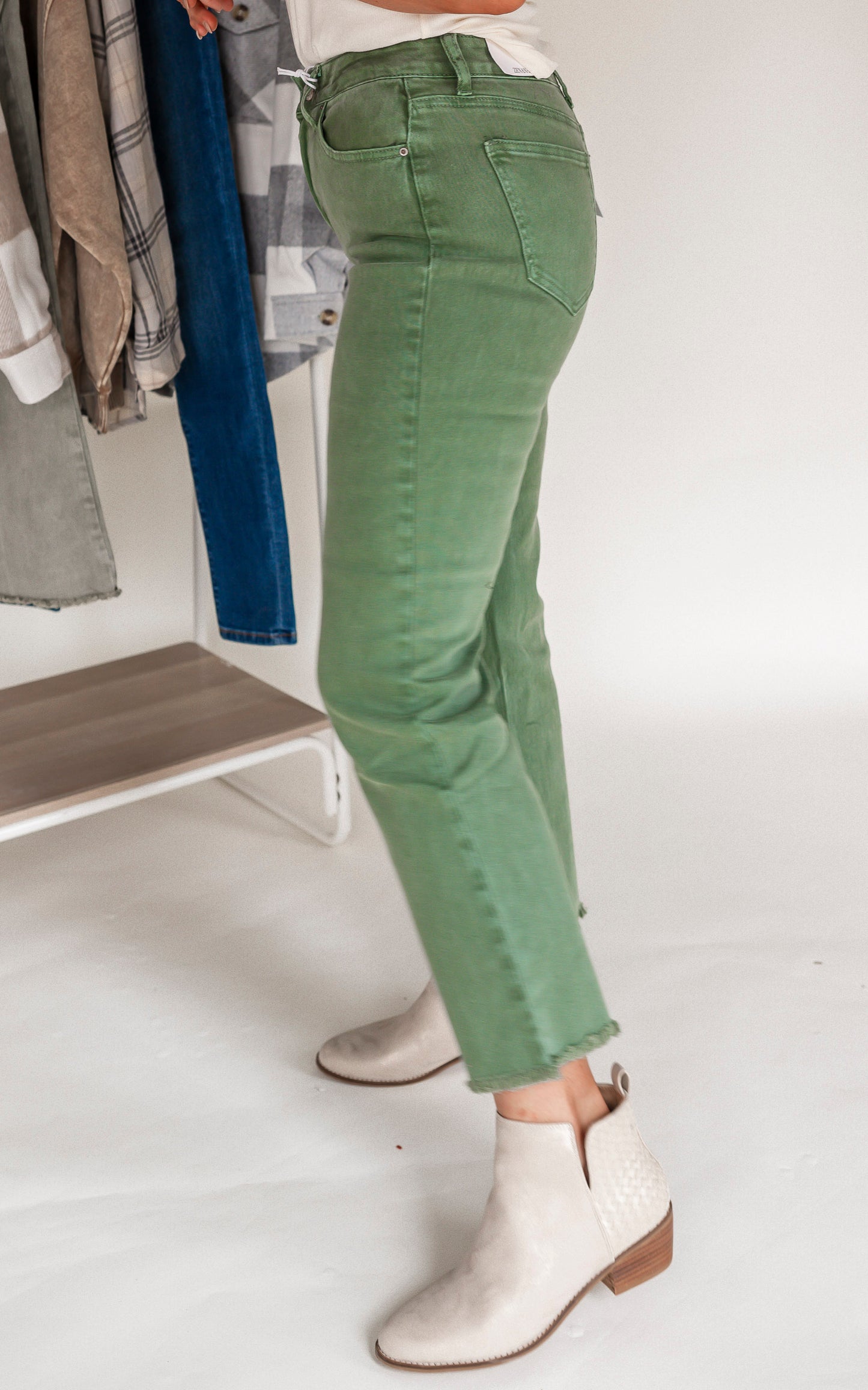 Olive Acid Wash High Waisted Bootcut Denim Jeans | Zenana - Final Sale