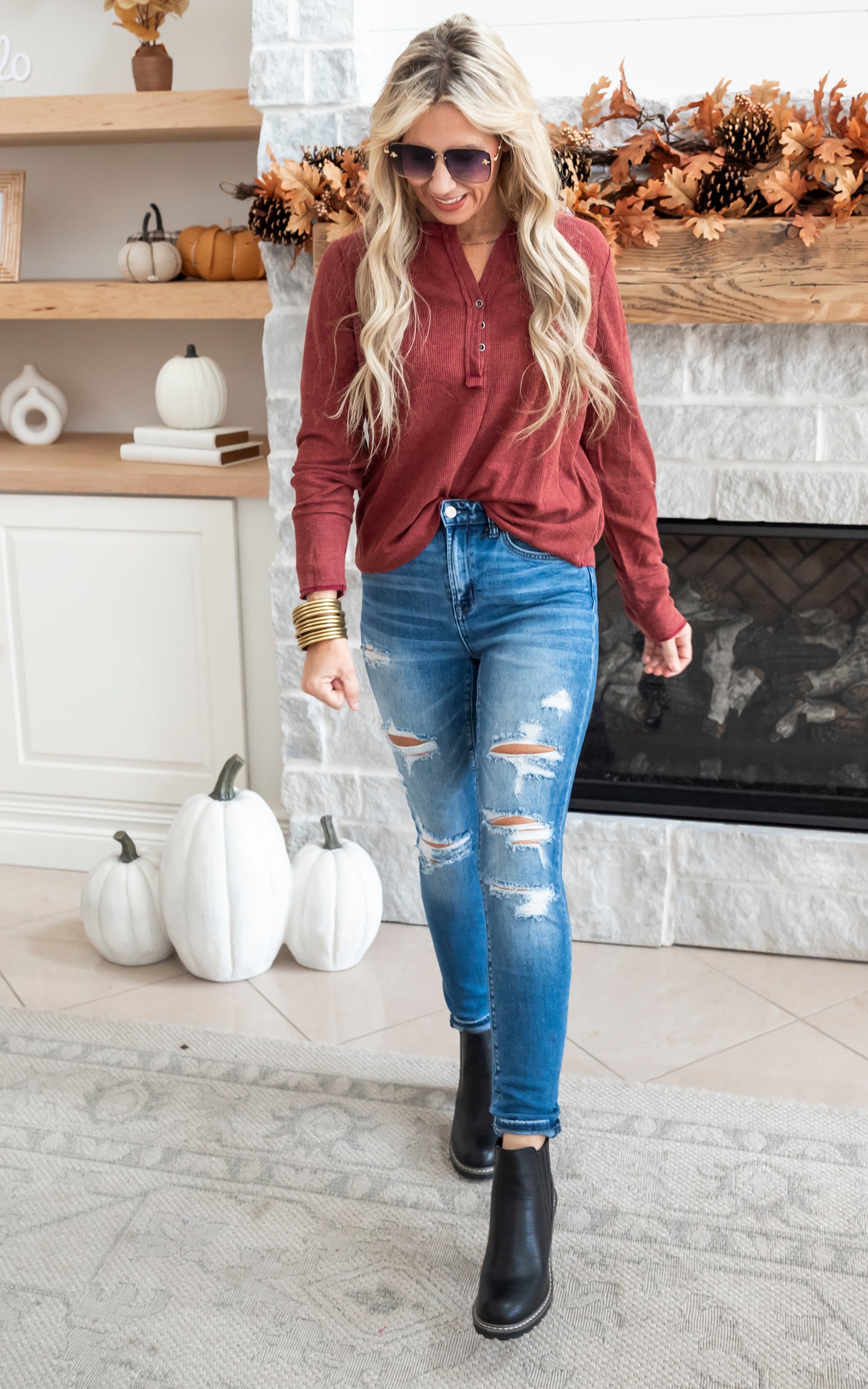 Maroon Waffle Knit 1/4 Button Down Top