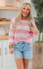 Pink Striped Knit Long Sleeves Sweater