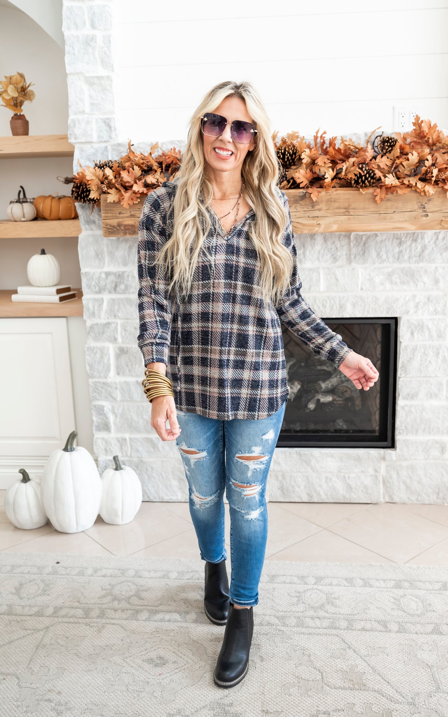 Smokey Blue Plaid Hoodie Top