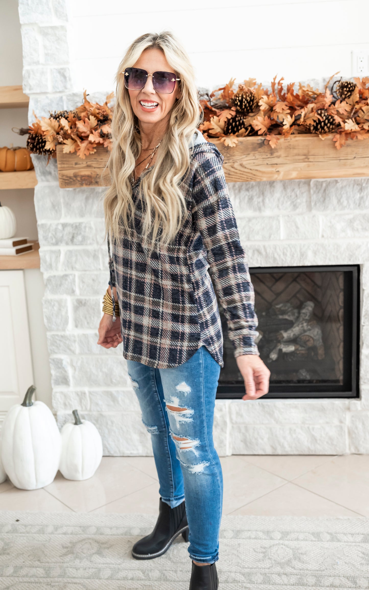 Smokey Blue Plaid Hoodie Top