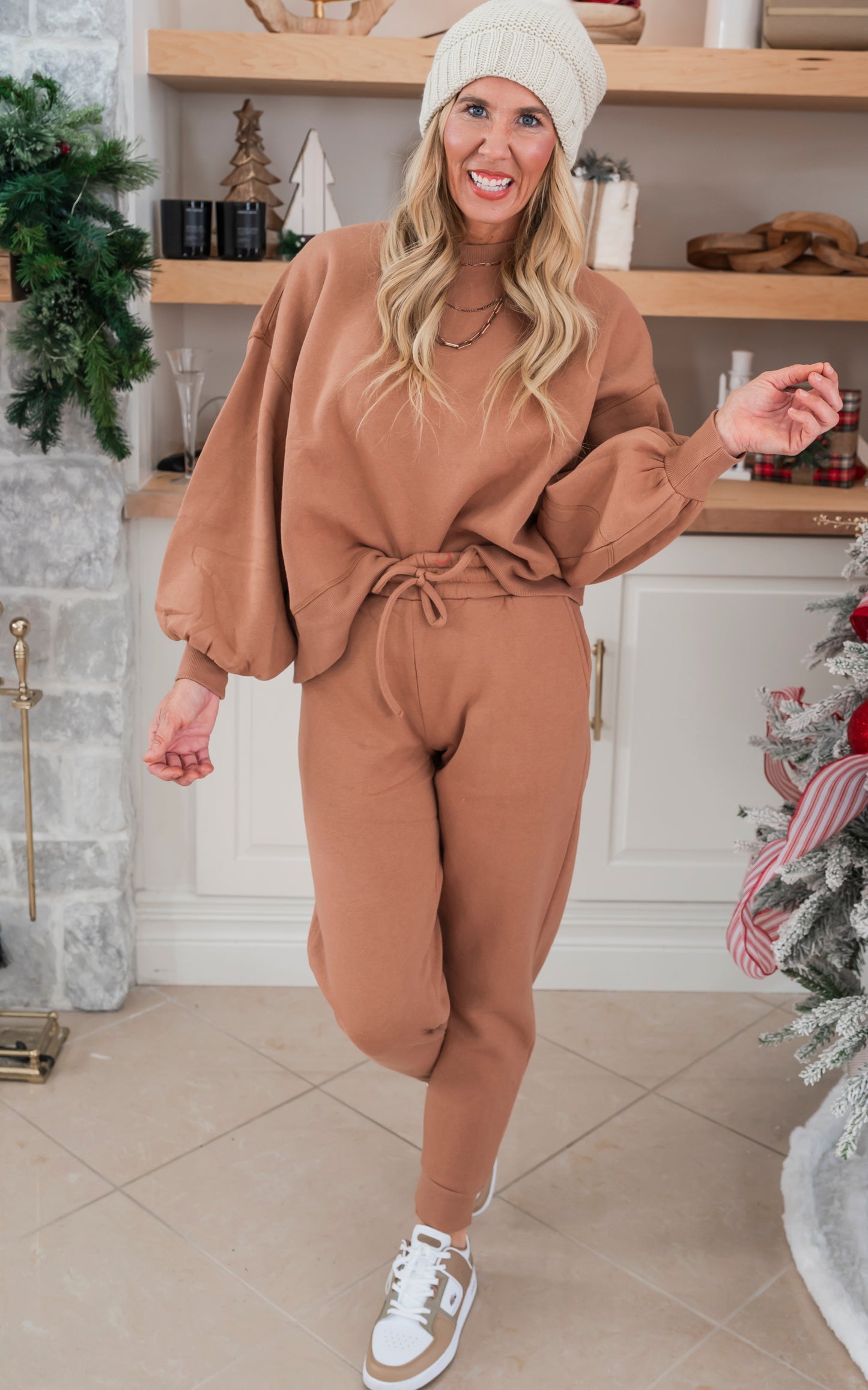 Deep Camel Balloon Sleeve Sweatshirt & Sweatpants Outfit Set - Final Sale