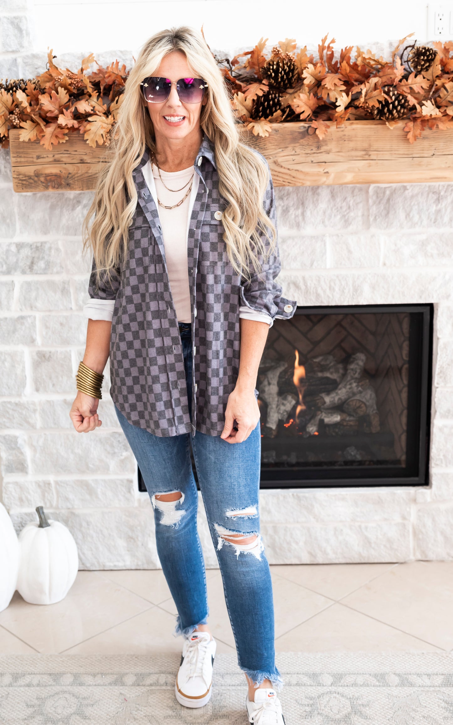 All the Cozy Checkered Charcoal Shacket by Salty Wave