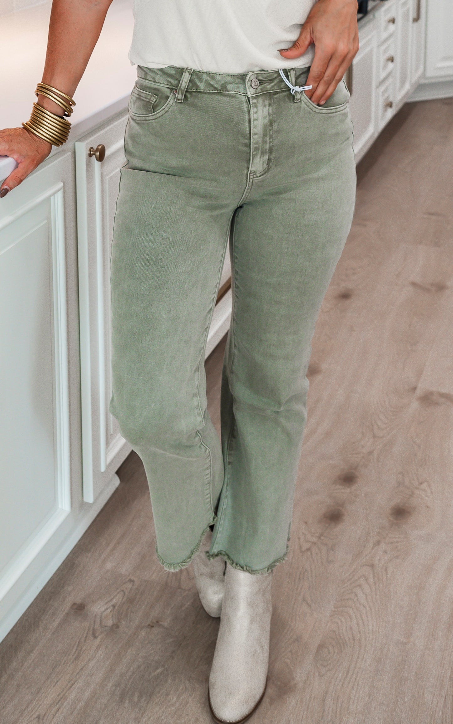 Light Olive Acid Wash High Waisted Bootcut Denim Jeans | Zenana- Final Sale