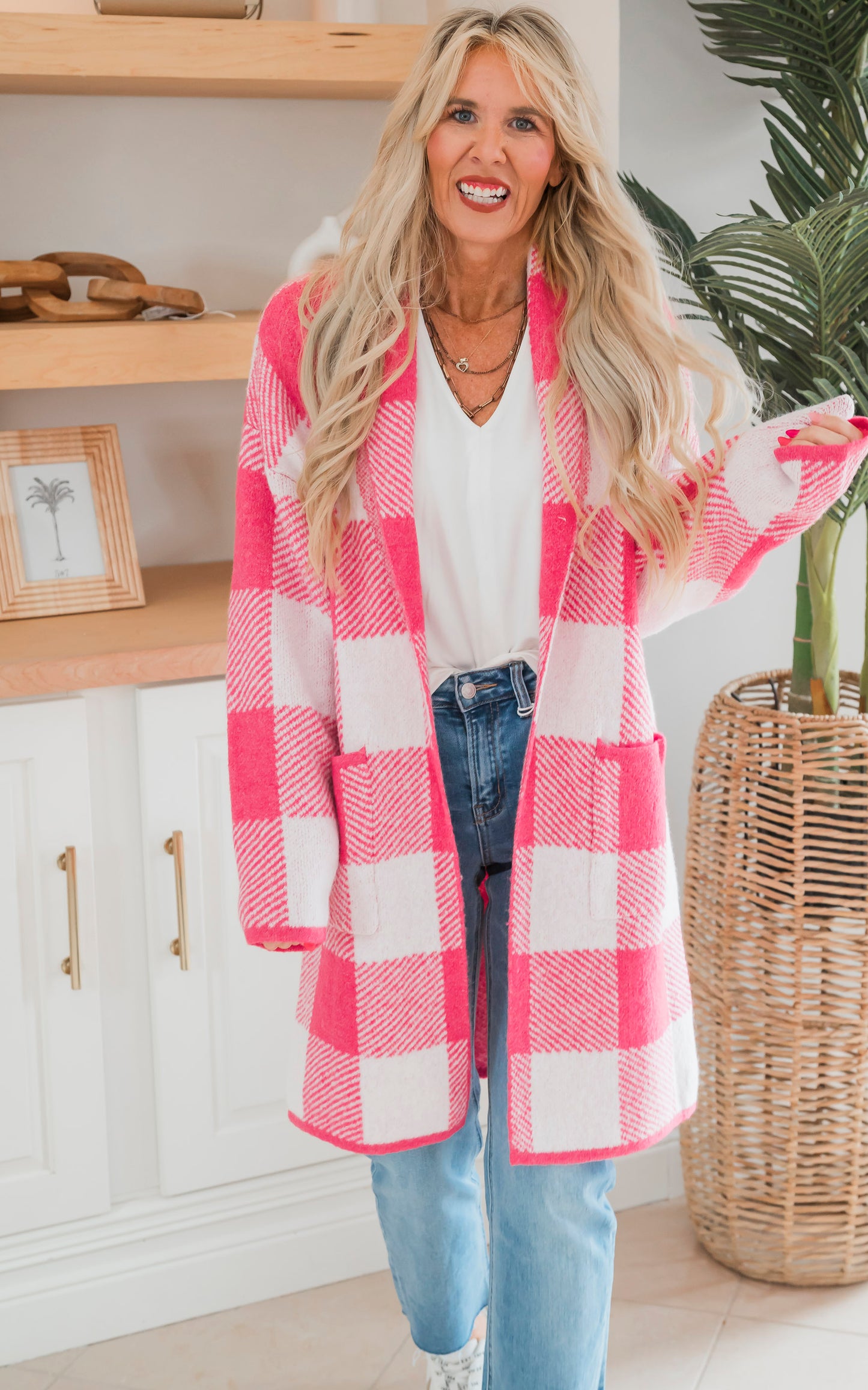 Gingham Pattern Soft Open Cardigan Sweater