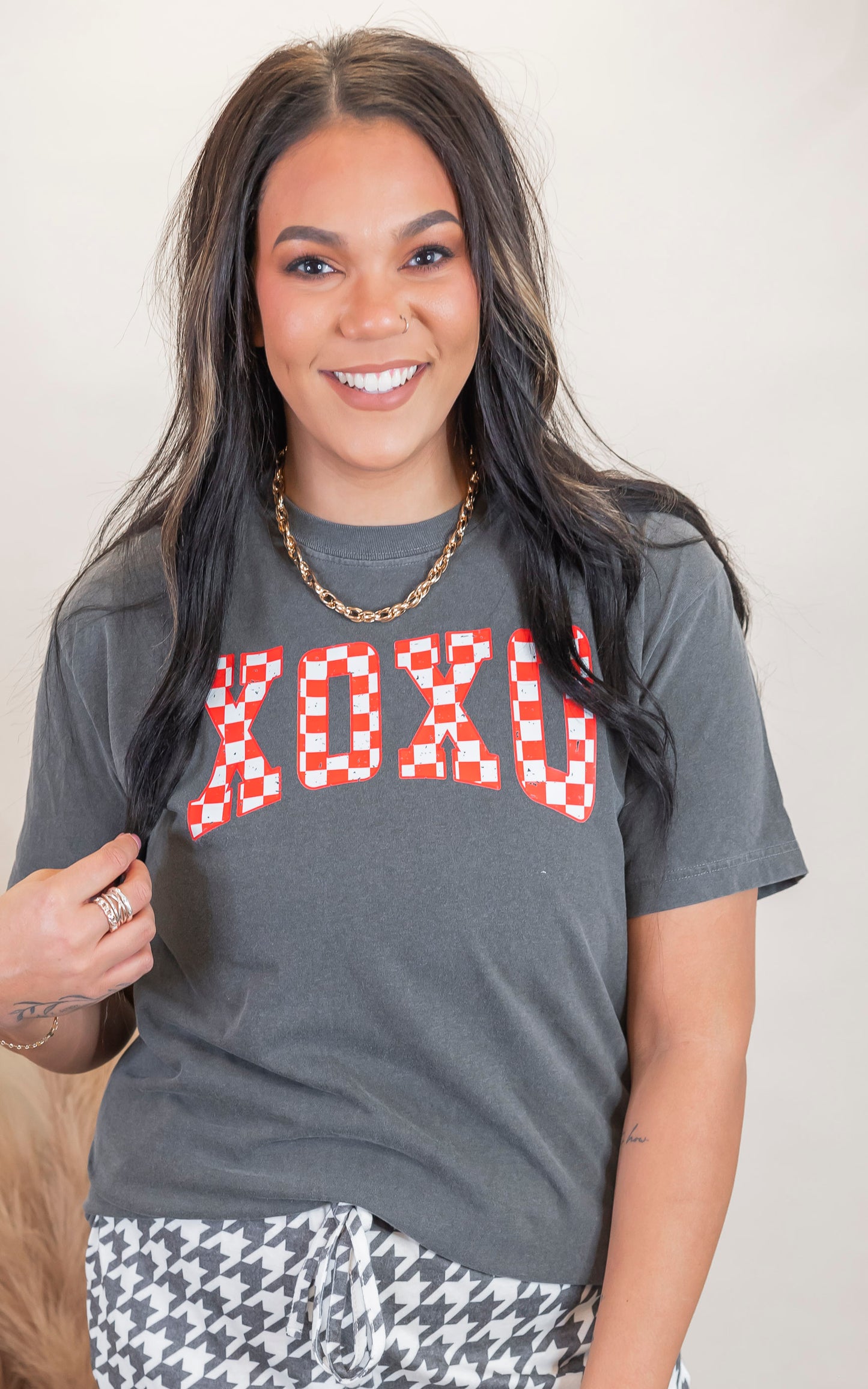 Red Checked XOXO Garment Dyed Graphic T-shirt