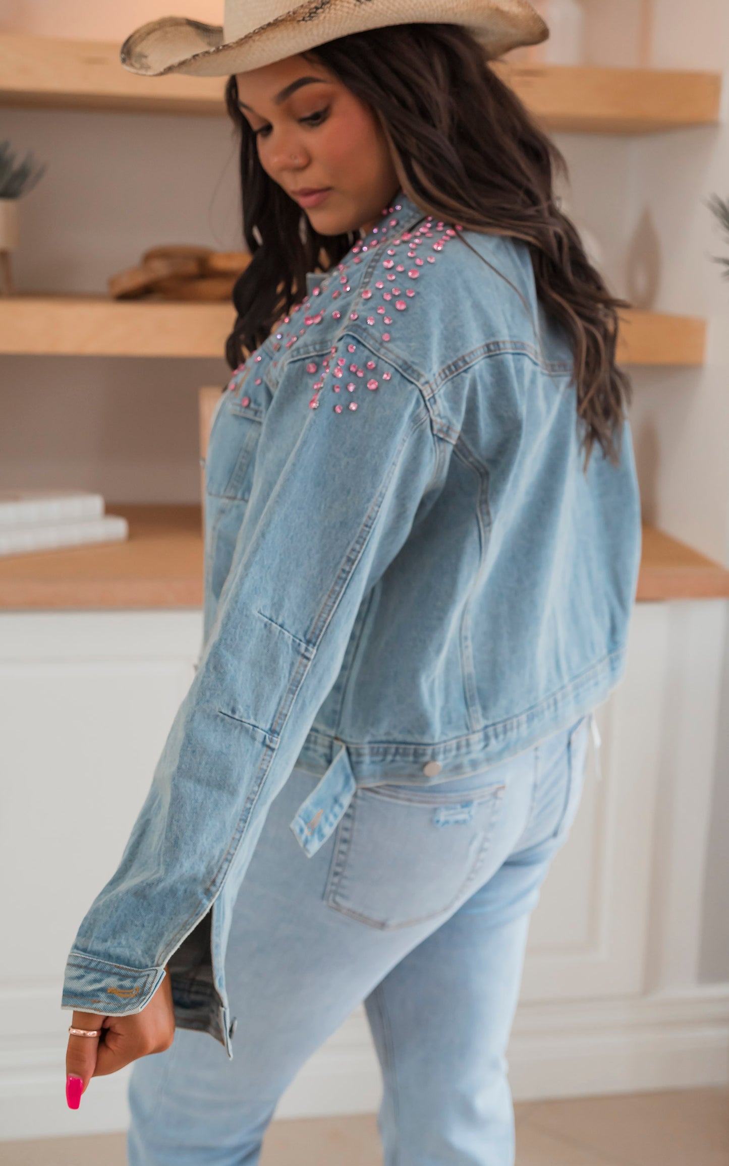 Pink Embellished Gem Studded Denim Jacket - Final Sale