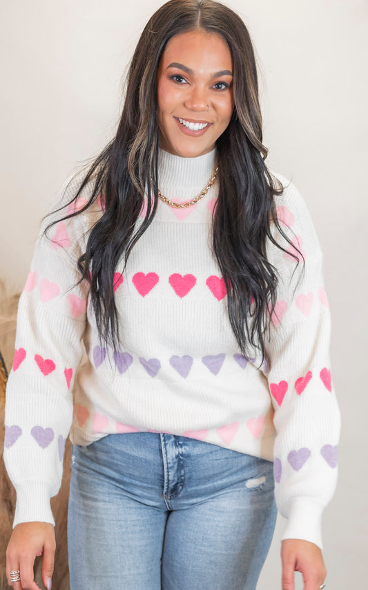 Mock Neck Heart  Long Sleeve Sweater