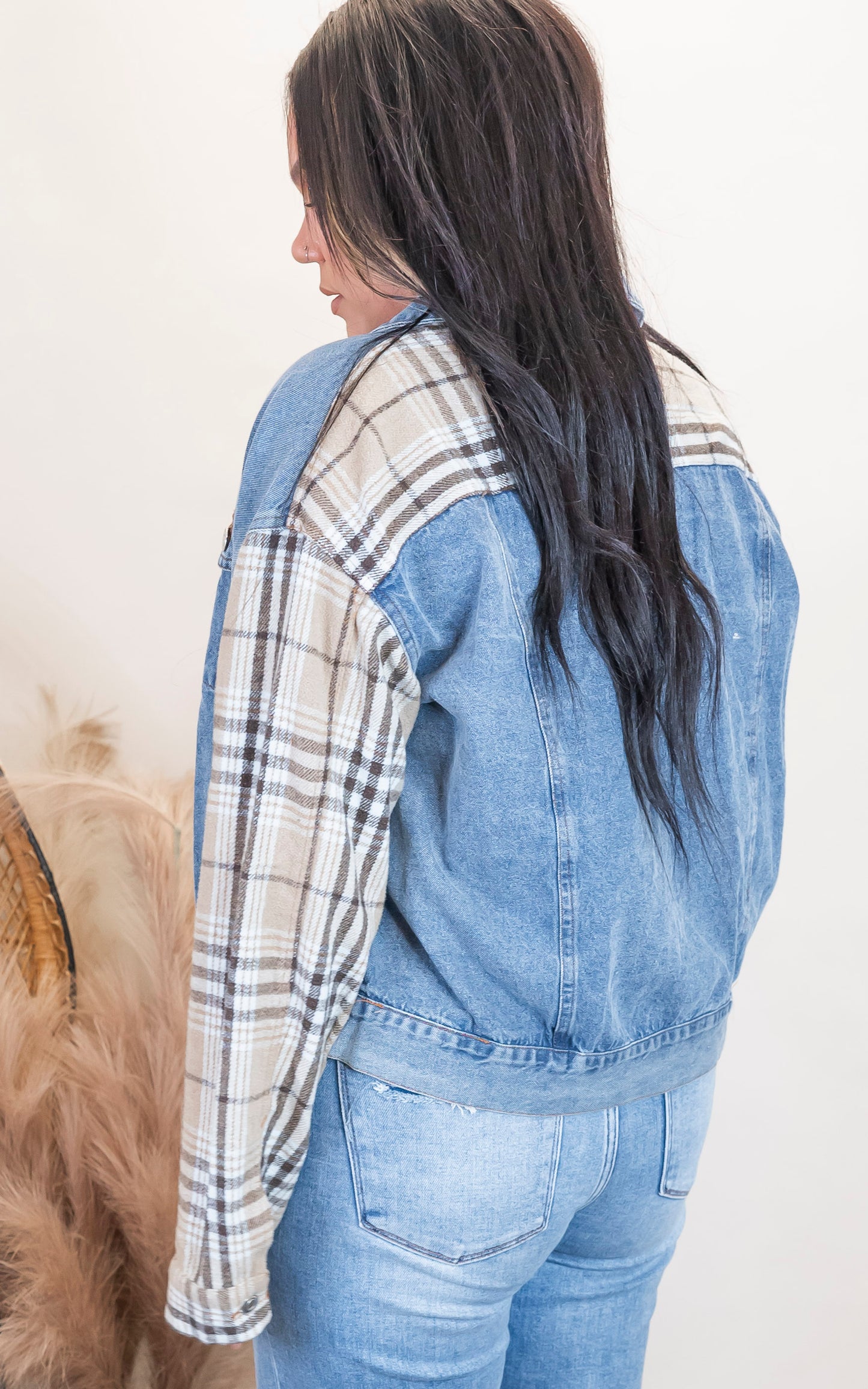 Grey Denim Plaid Contrast Jacket