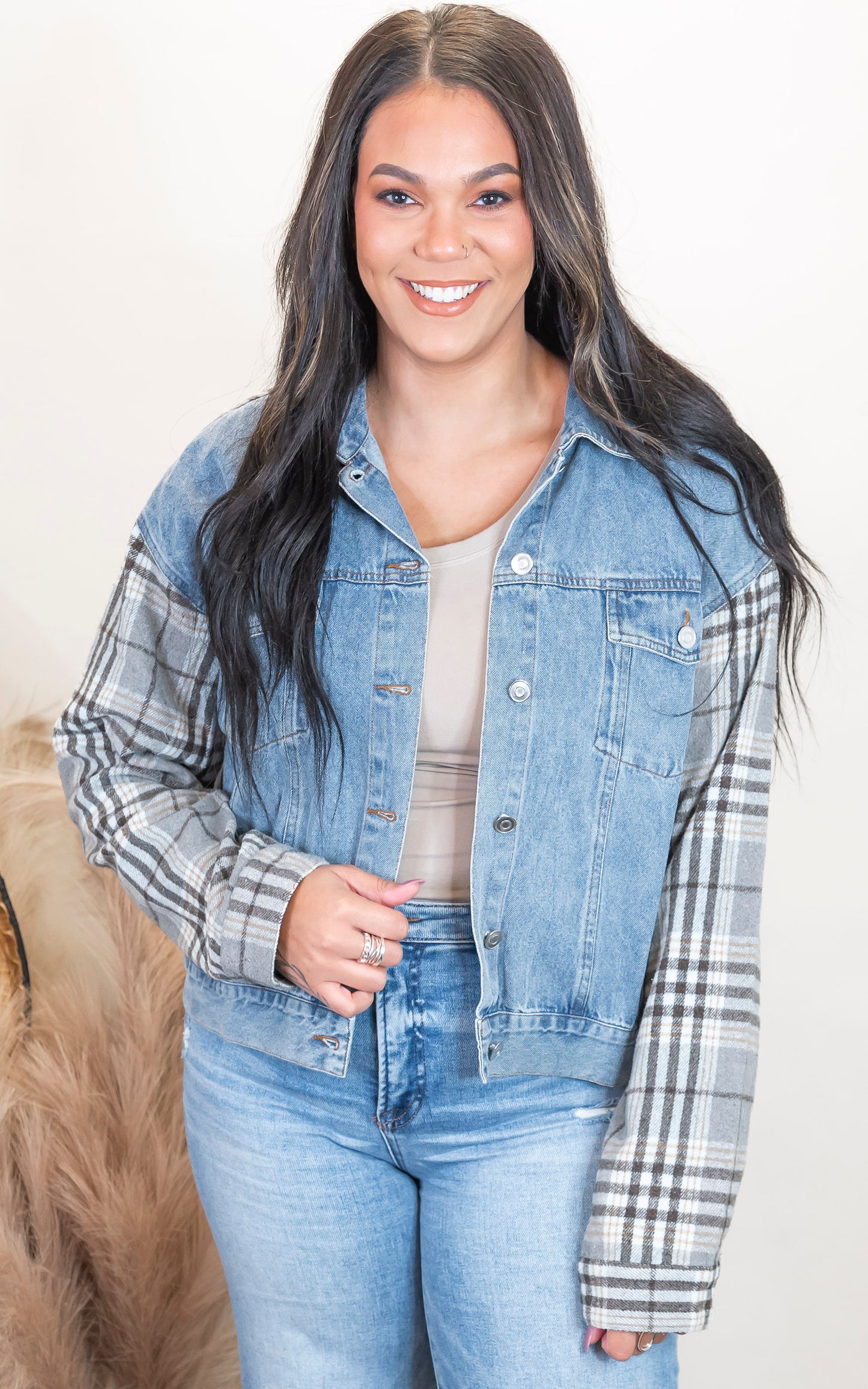 Grey Denim Plaid Contrast Jacket