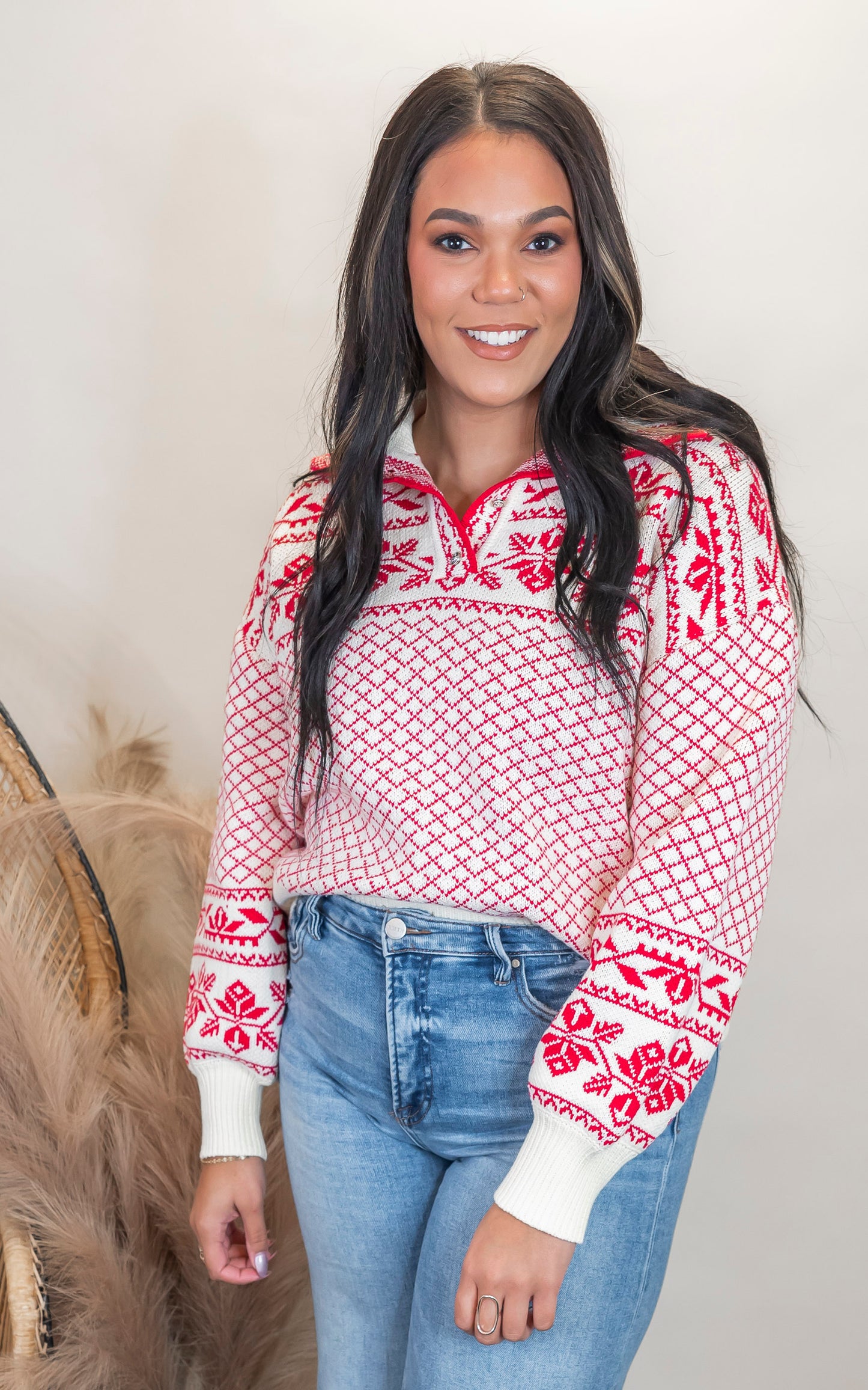 Snowflake Button-Up Turtleneck Winter Sweater