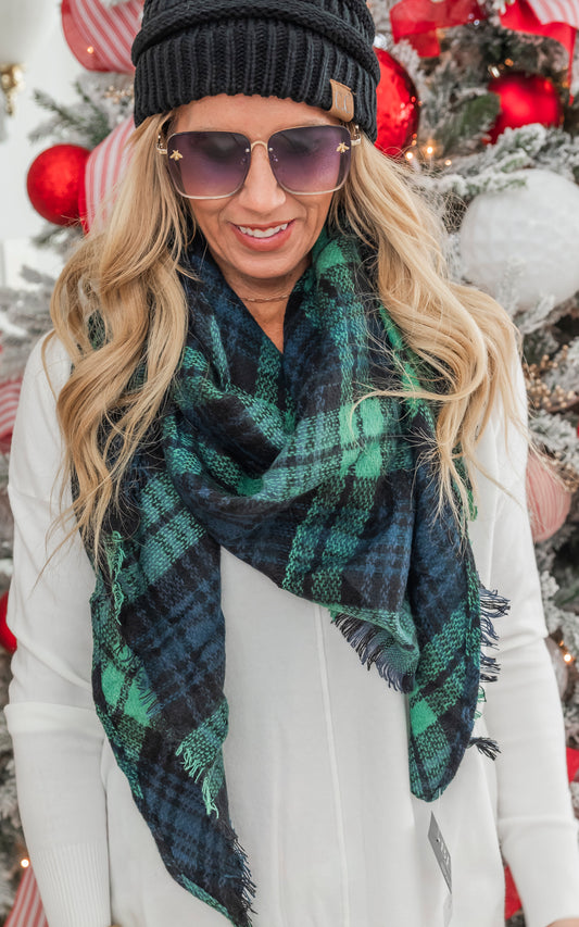 Navy/Green Tartan Plaid Triangle Blanket Scarf