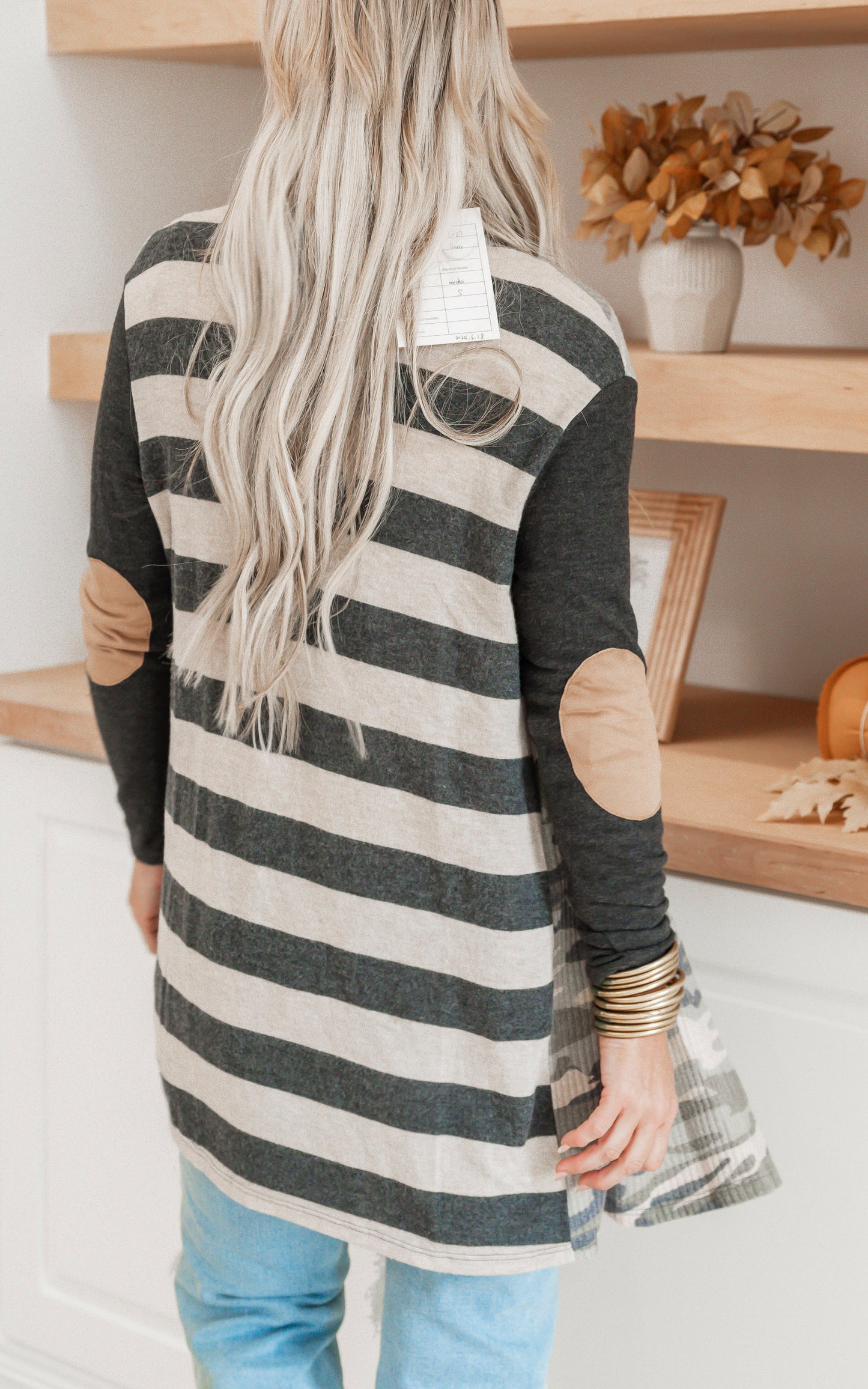 Camo w/ Striped Back Elbow Patch Cardigan