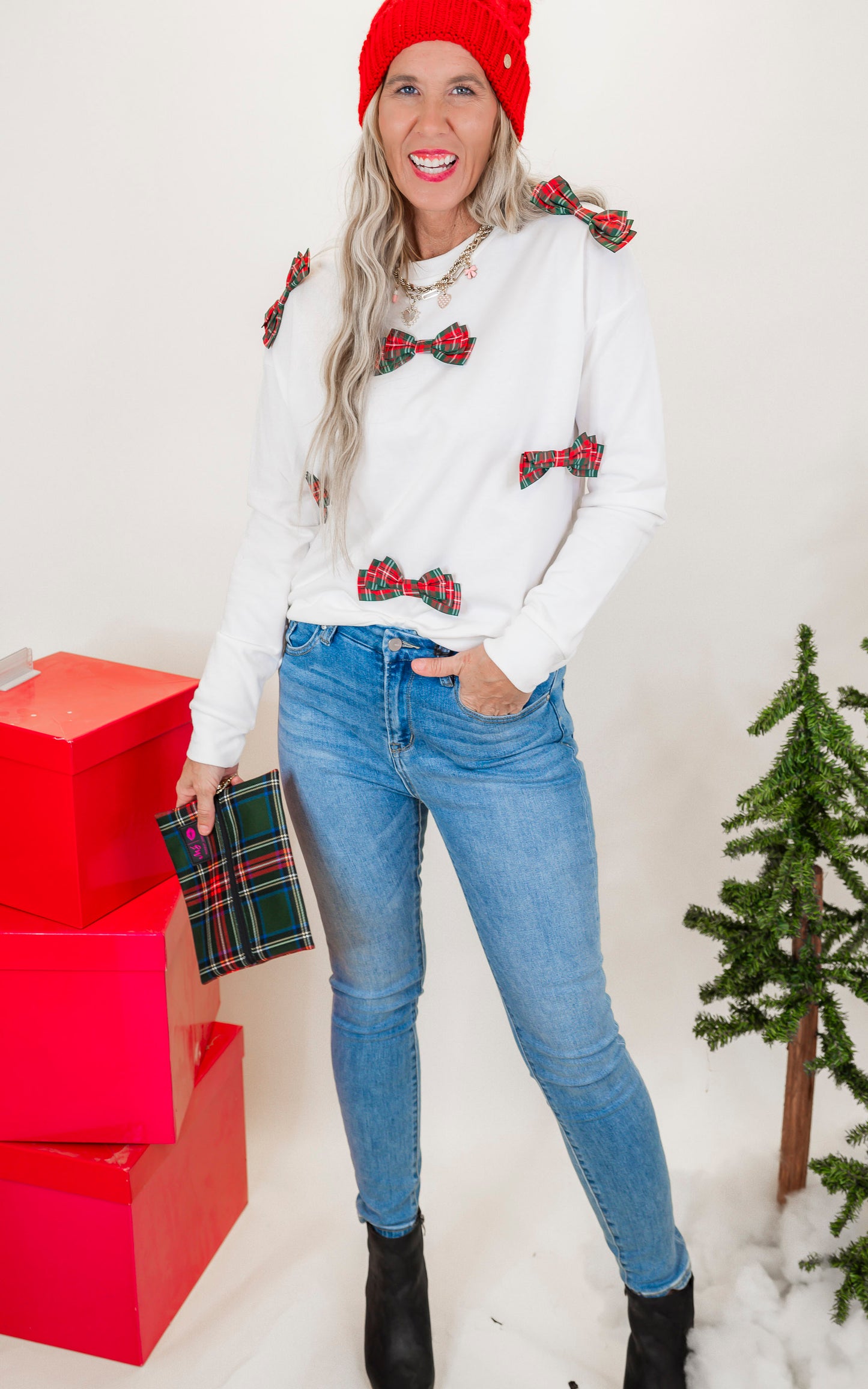 Multi Plaid Bow Long Sleeve Sweater