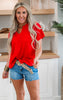 Tomato Red Ribbed Open Fold Short Sleeve Top