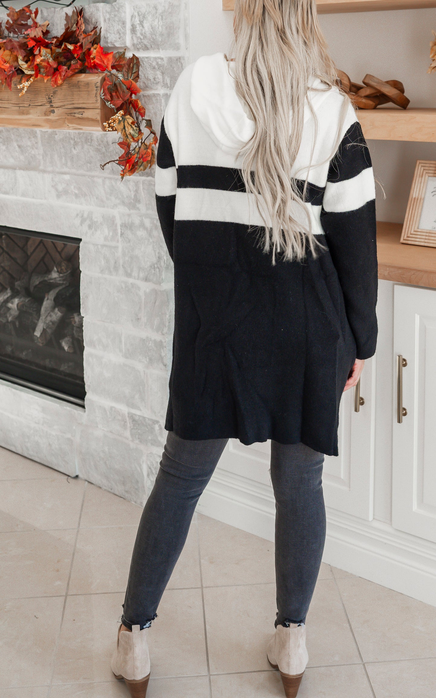 Colorblock Hooded Sweater Long Cardigan