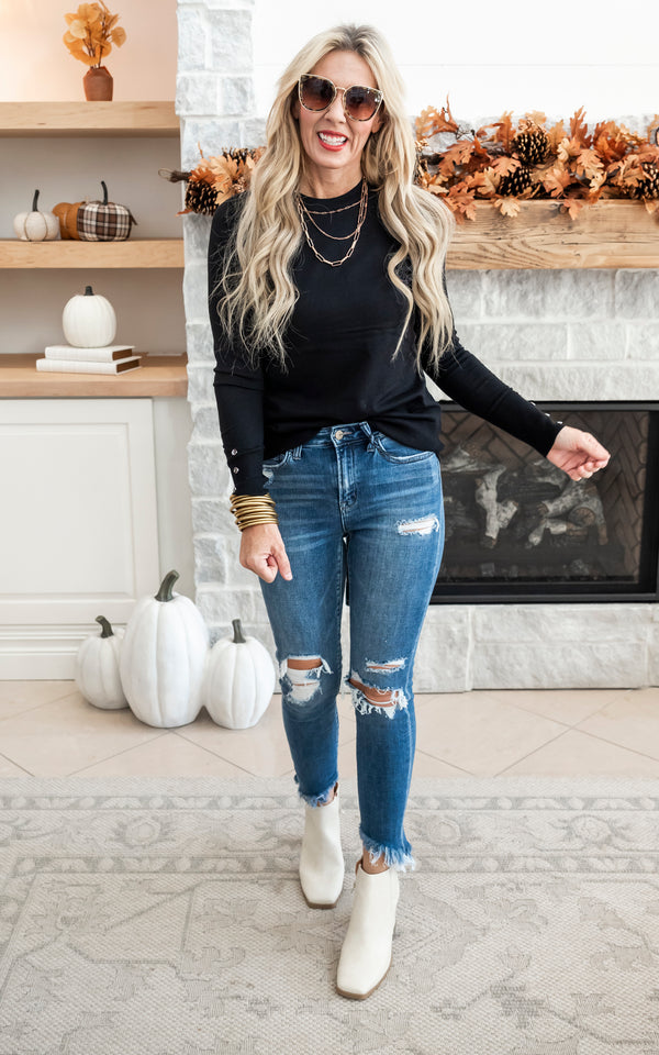 Black Pullover Sweater with Button Sleeve