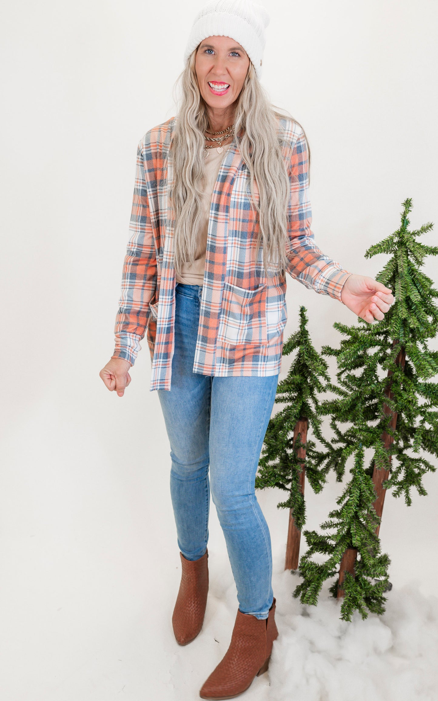 Forever Favorite Plaid Cardigan in Orange Blue Cream #4 | Salty Wave**Start Ship Date: Nov 29th