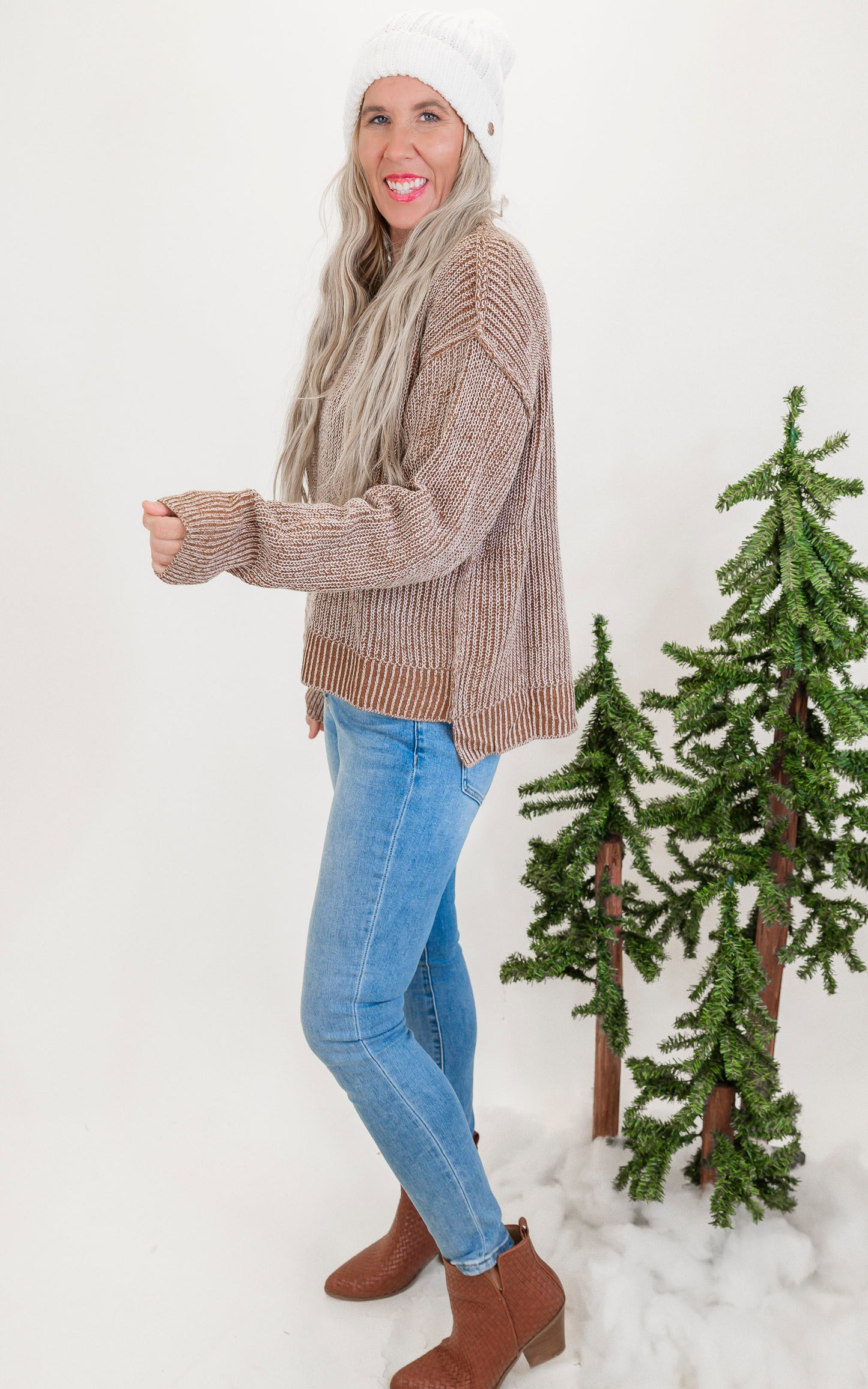 Brown Long Sleeve Solid Knit Sweater