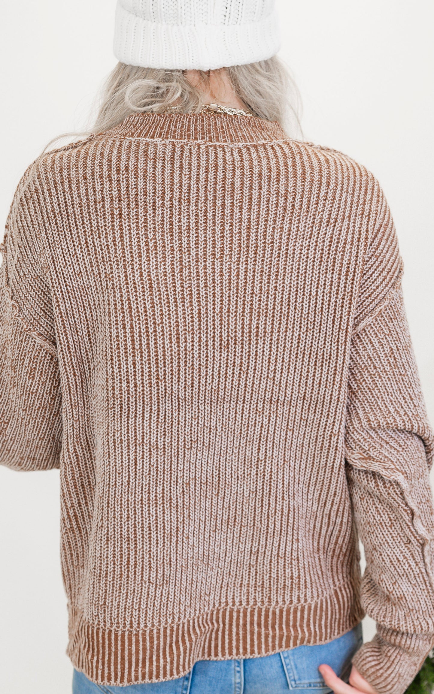 Brown Long Sleeve Solid Knit Sweater