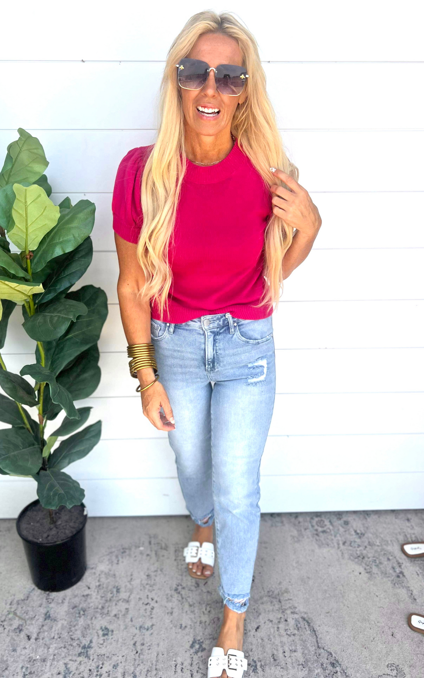 Fuchsia Puff Sleeve Knit Top