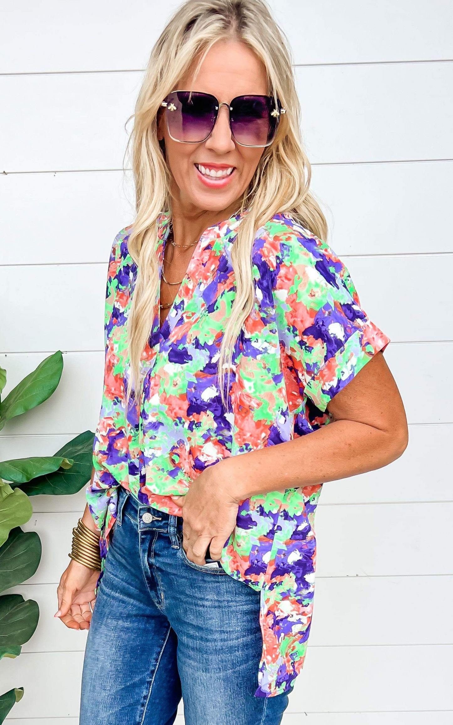 Neon Green Floral Shirring Top