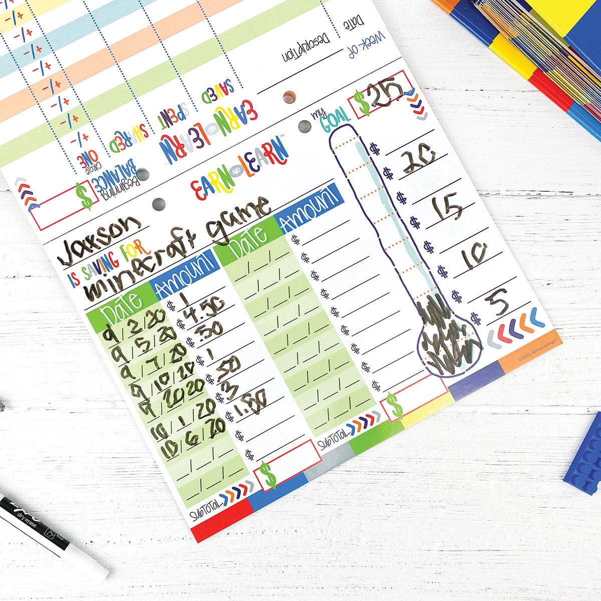 Earn & Learn® Kids Money Management Chore Chart Pad | Dry Erase Savings Tracker for School Age Kids - Denise Albright®