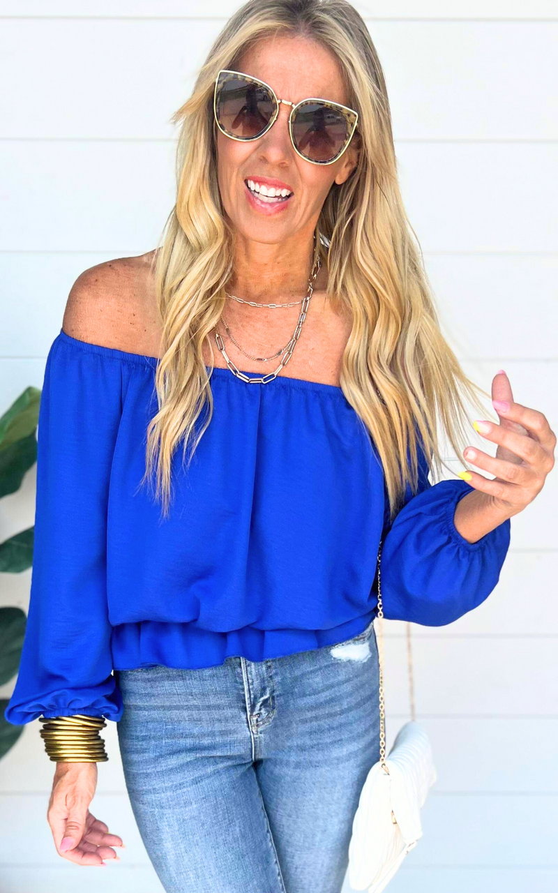Solid Off Shoulder Balloon Sleeve Ruffle Bottom Top