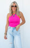 Hot pink tank top with orange contrast trim and fitted silhouette.