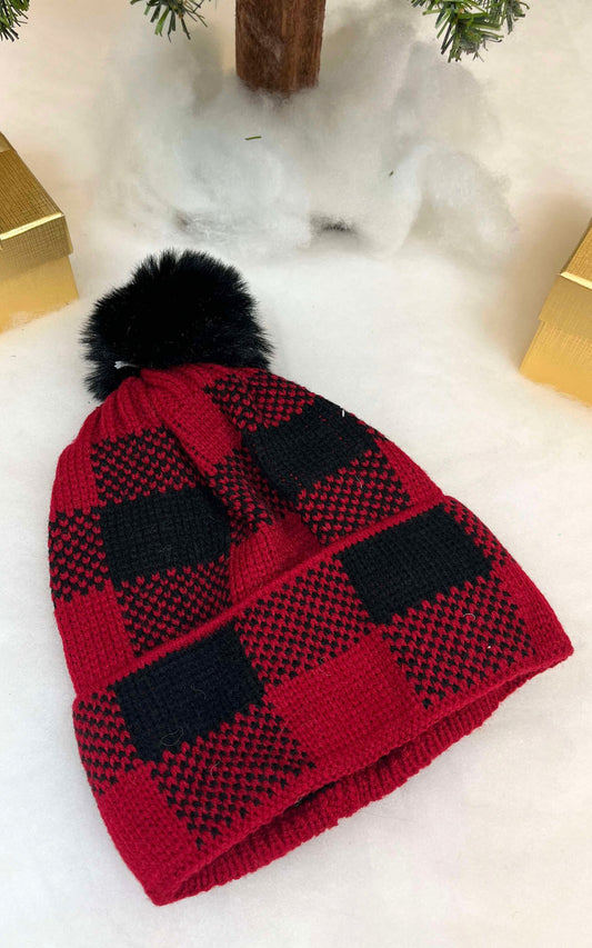 Buffalo Plaid Pom Pom Beanie**