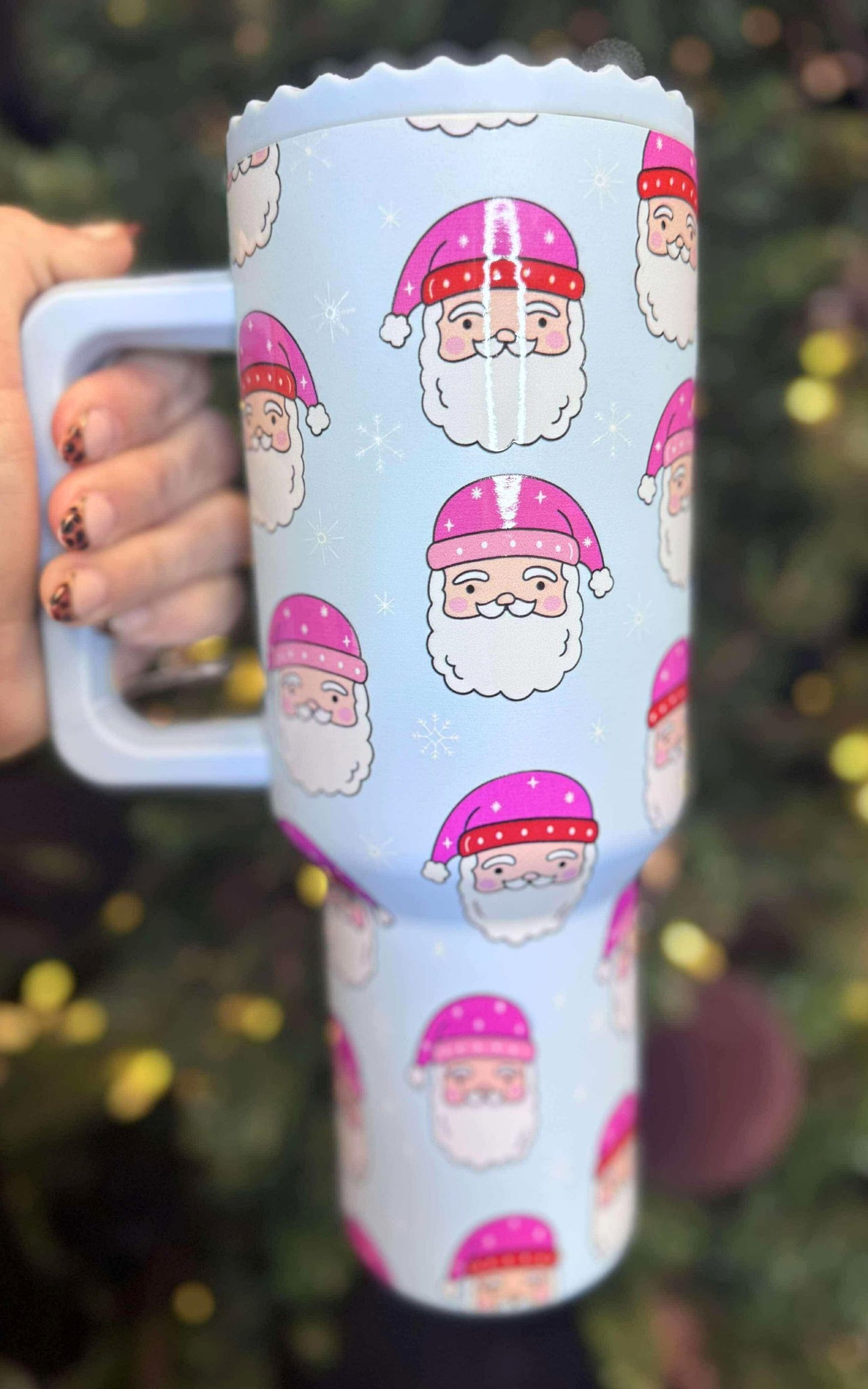 Pink Santa Hats Blue Stainless Steel Tumbler | KATYDID