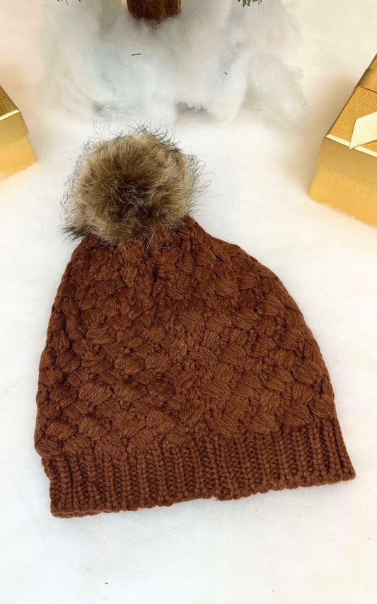 Overlap Knitted Faux Fur Pom Pom Beanie - Final Sale