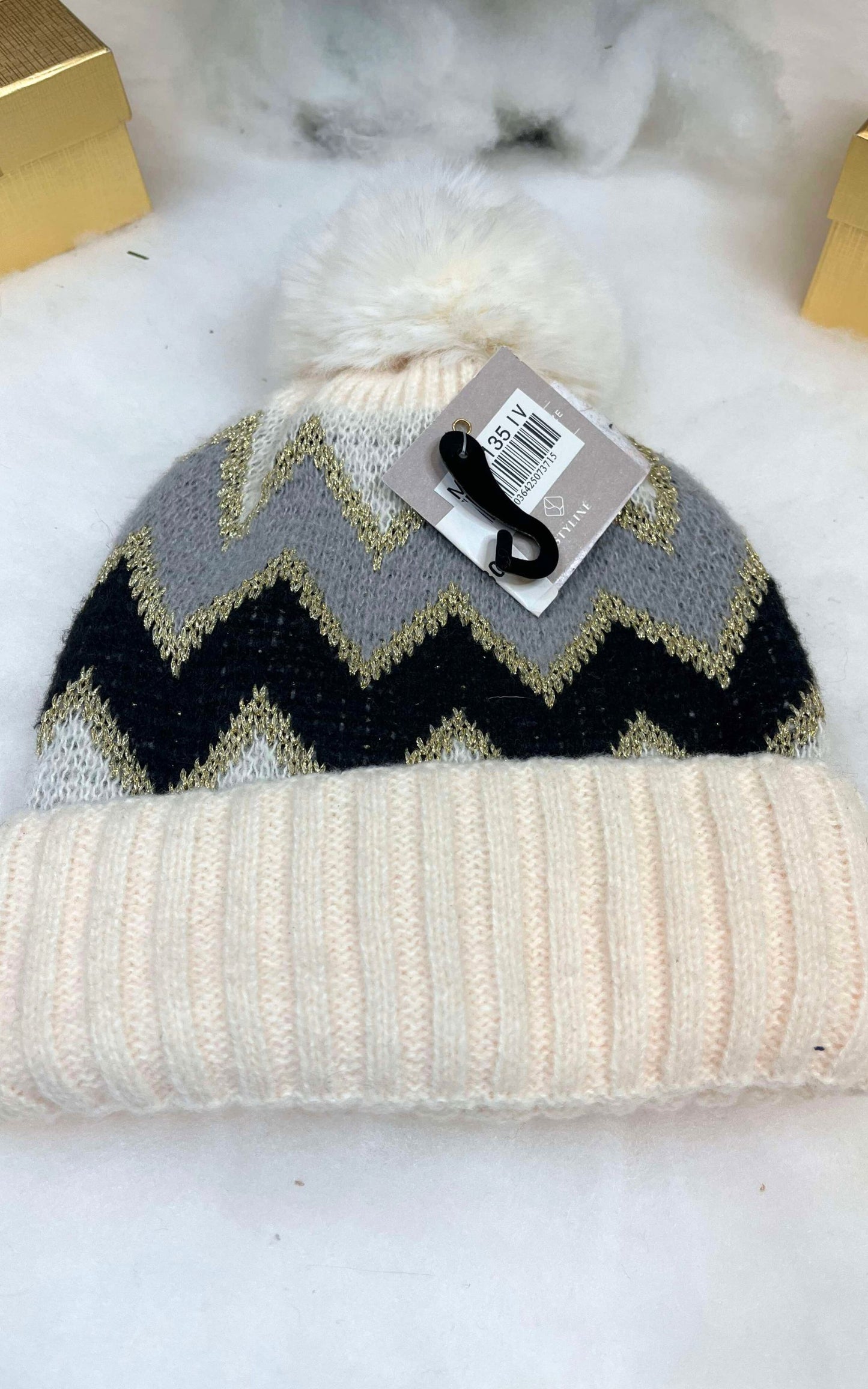 Ivory Chevron Pom Pom Fuzzy Beanie - DEAL COUPON EXCLUDED